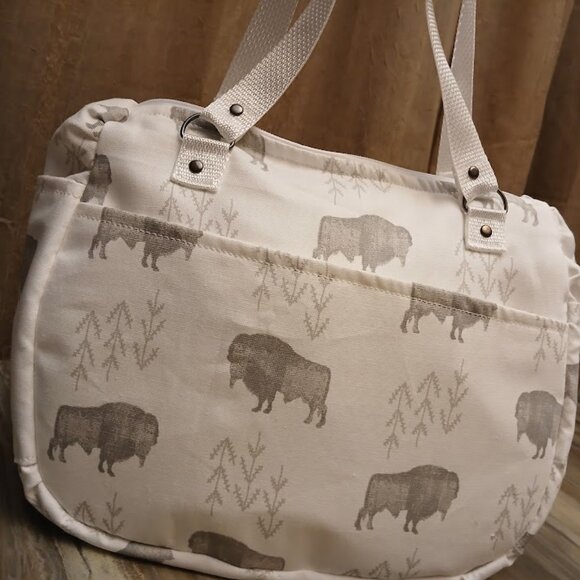 New Canvas Aztec Boho Buffalo Bison Shoulder Bag Purse White Gray Tote Carryall - Picture 5 of 7